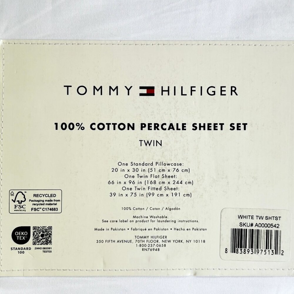 Tommy Hilfiger TWIN Size 100% Cool Crisp Cotton Percale Sheet Set BRIGHT WHITE - Picture 2 of 4